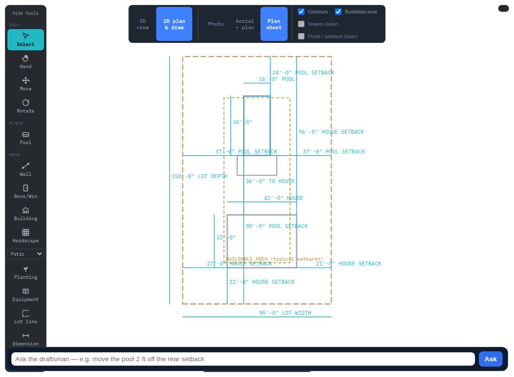 The same TruFrame project as a dimensioned 2D plan on the aerial.