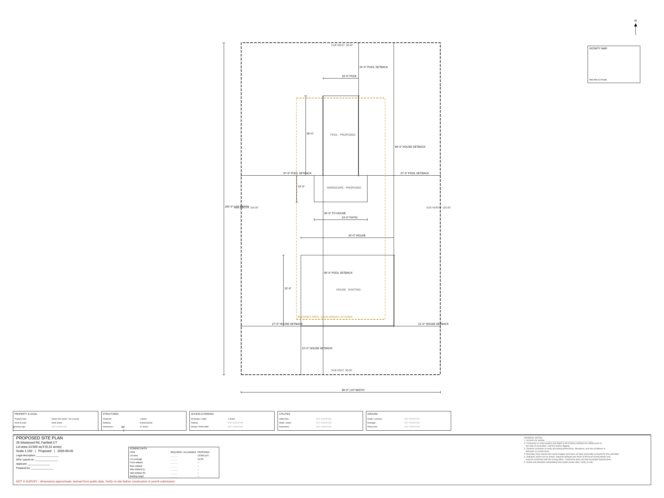 A TruFrame Pro proposed site plan sheet with title block, scale and dimensions.