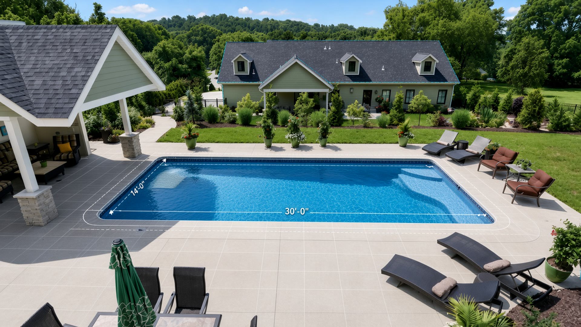 TruFrame Studios 3D CAD of a pool with dimension overlay — 30 feet by 14 feet — showing what AIAD can build.